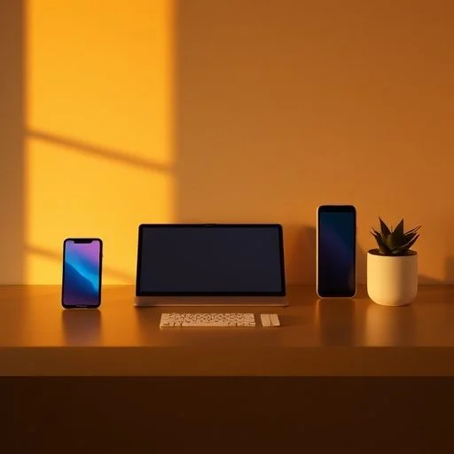 A beautifully composed, abstract image showcasing the seamless, almost invisible integration of sleek smart devices into an elegant, minimalist living space. Focus on light interacting with clean architectural surfaces, subtle device indicators (e.g., a glowing ring on a smart speaker, a clean interface on a wall panel), and the harmonious flow of technology in a home, suggesting unseen human interaction or the tranquility it brings (no actual people).